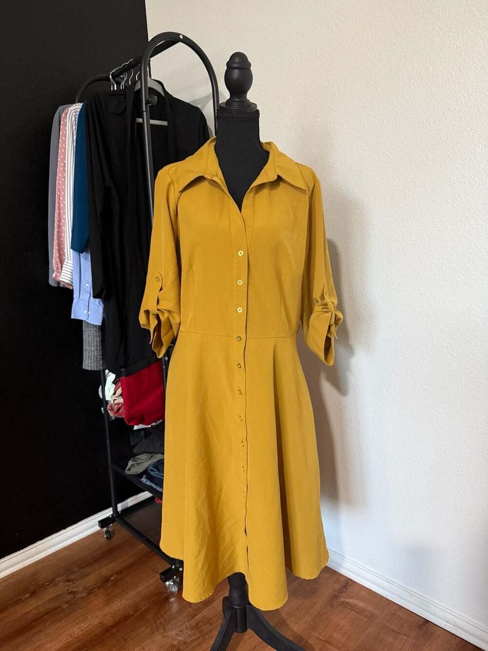 Sharagano Yellow Button Front Belted Midi Shirt Dress Size 14